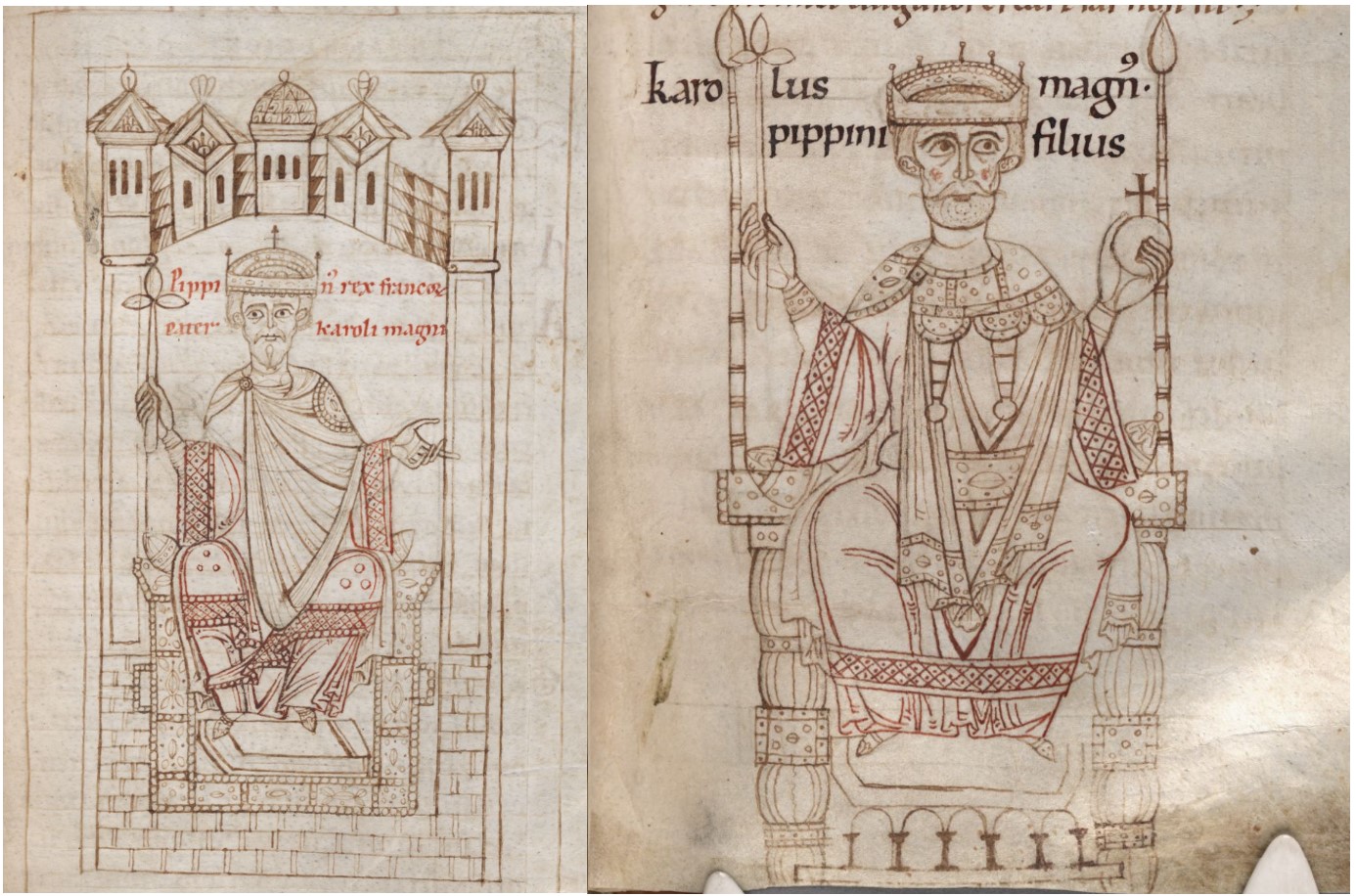 Portrait of the enthroned Pepin the Short and of his son, Charlemagne