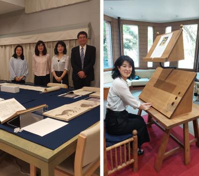 Visiting Keio University Library Mita Media Center and practicing at a writing desk that is built according to medieval examples