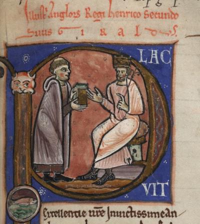 Historiated initial with Gerald of Wales presenting a book to Henry II