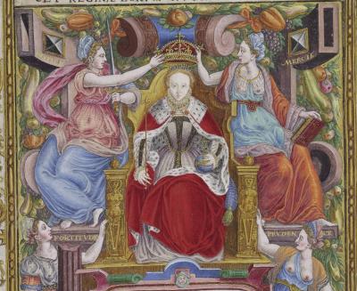 Queen Elizabeth I portrait in her regnal glory with Justice, Mercy, Prudence and Fortitude supporting her majesty