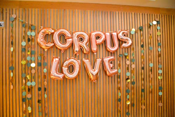 Balloons spelling out "Corpus love"