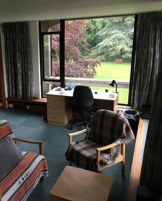 Part of a larger room in the George Thomson Building, overlooking Leckhampton gardens