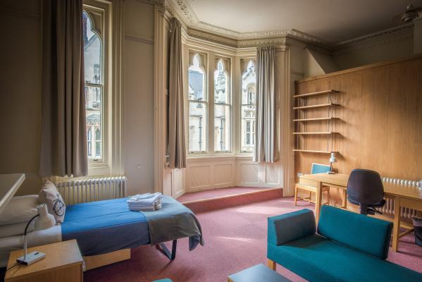 A standard single bedroom at Corpus Christi College Cambridge.