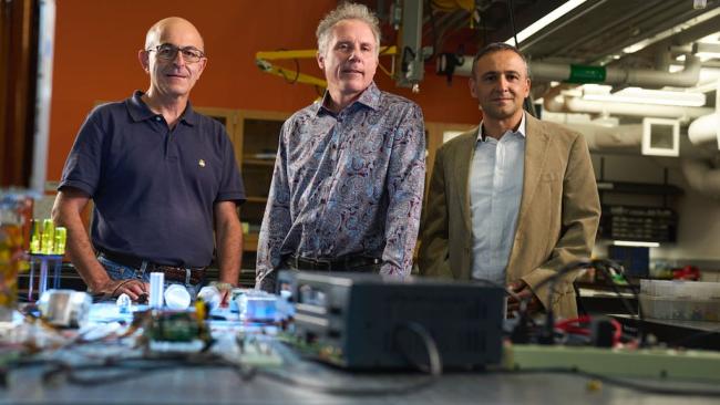 (L to R) Sergio Pellegrino, Harry Atwater, and Ali Hajimiri, the principal investigators of the Space Solar Power Project. Credit: Steve Babuljak for Caltech